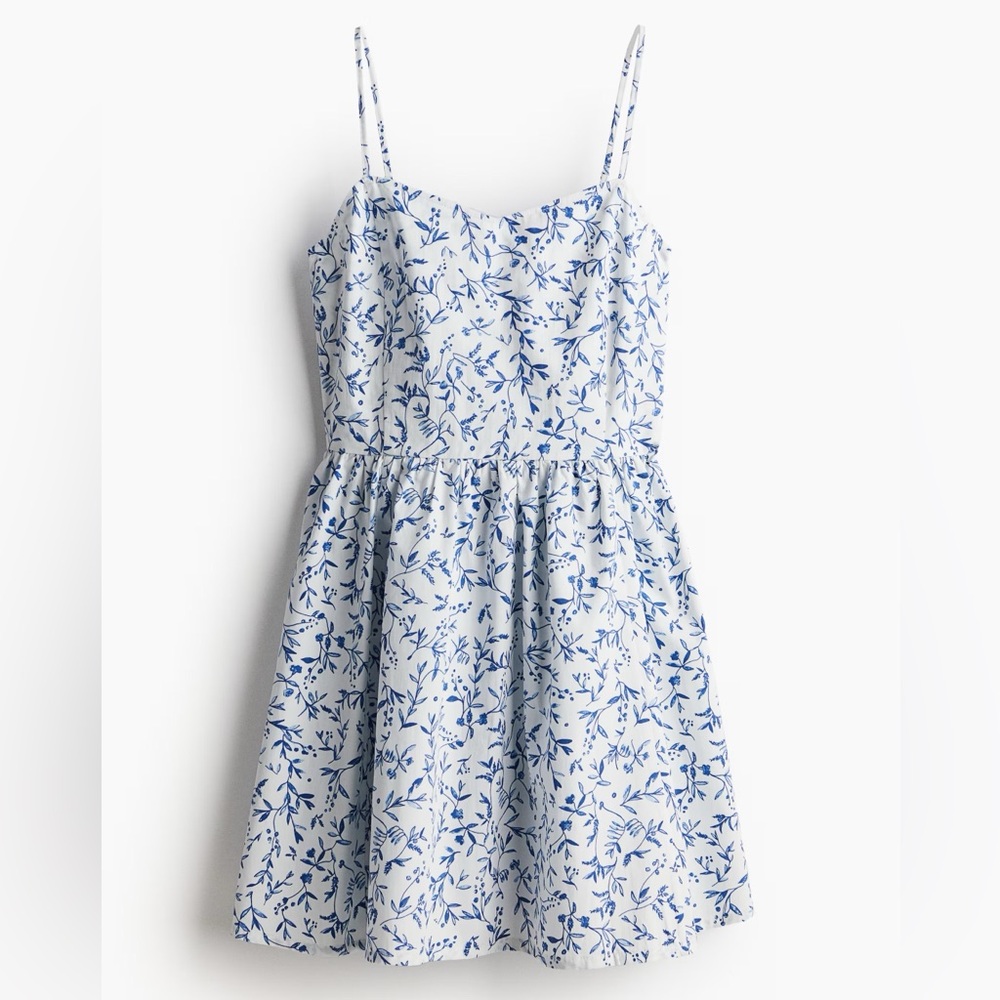 H&M Flared Skirt Cotton Dress Mini Dress Blue Floral print XS spring summer NWOT
